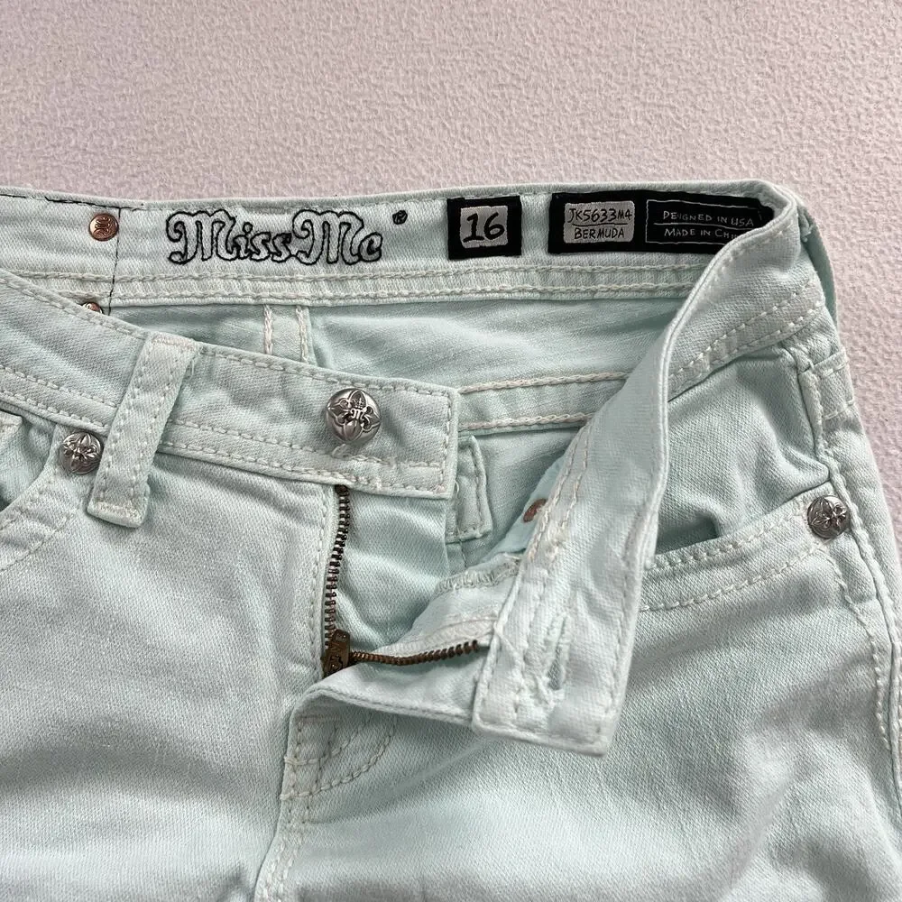 Miss Me Girl Icy Blue JK5633M4 Bermuda Bling Cross Stretch Denim Jean Short 16